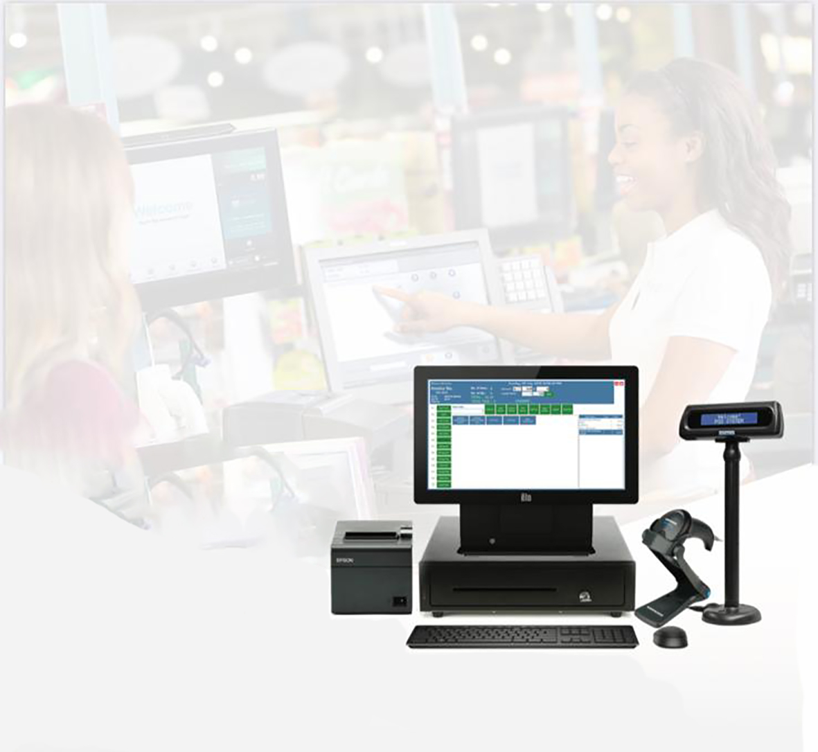 Purple Gold POS complete touchscreen point of sale bundle with receipt printer, cash drawer, barcode scanner and customer display
